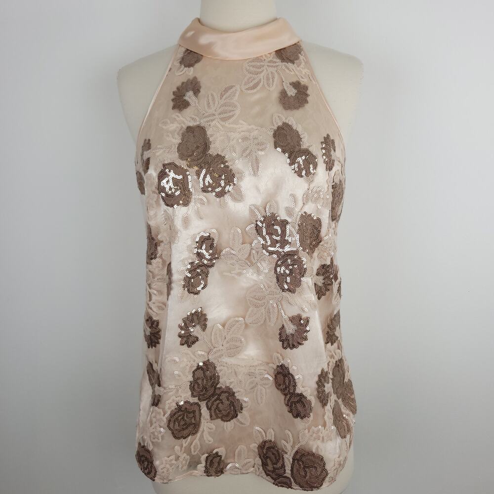 Etcetera Pink Satin Floral Lace and Brown Sequin Overlay Halter Tank Blouse Sz 2